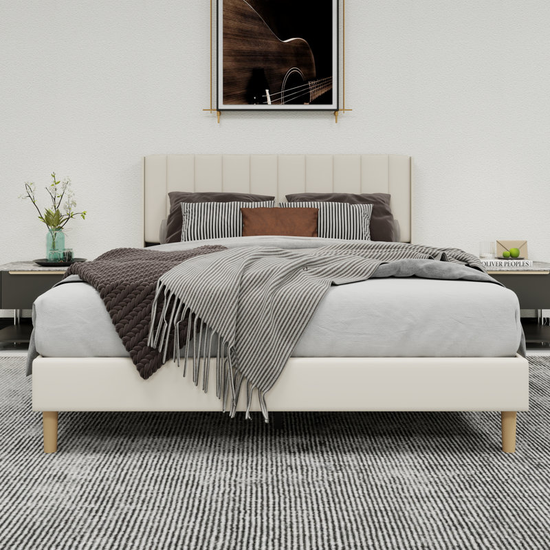 Upholstered Platform Bed With Headboard, Beige, Queen
