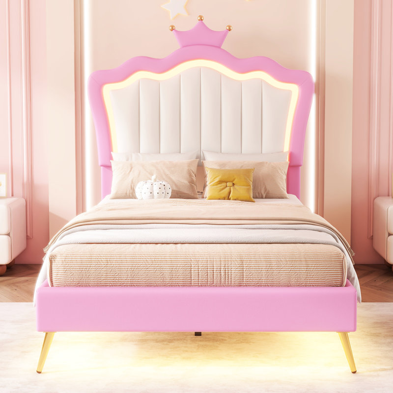 Structure de lit simple tapissier avec lumières à DEL et tête de lit couronne, rose et blanc, beauté de la chambre à coucher, tête de lit à conception silencieuse, conception silencieuse
