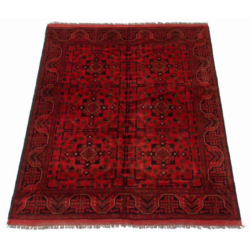 Tapis rouge en laine noué à la main de conception unique 4 pi 10 po x 6 pi 5 po nouvel âge Inikki