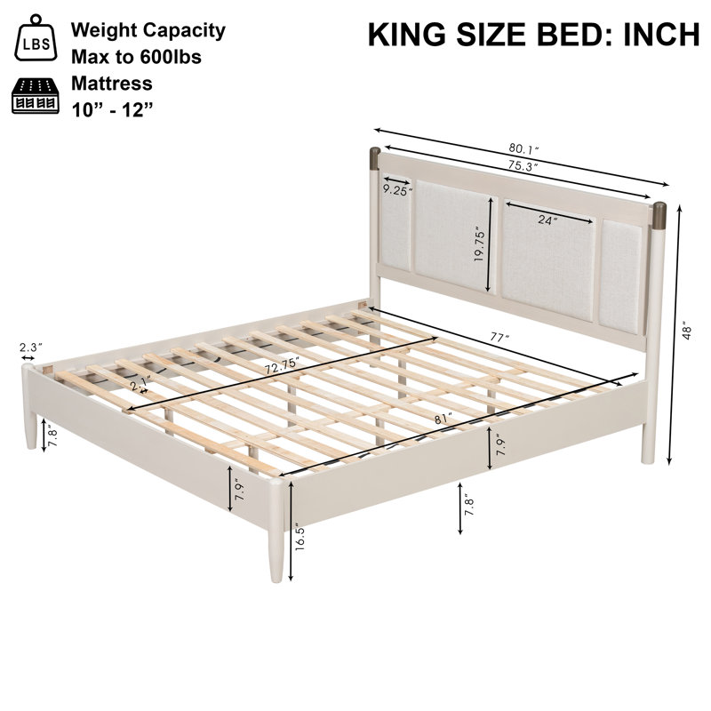  Structure de lit plateforme en bois très grand, support robuste de 600 lb, tête de lit tapissier avec accents métalliques, gris
