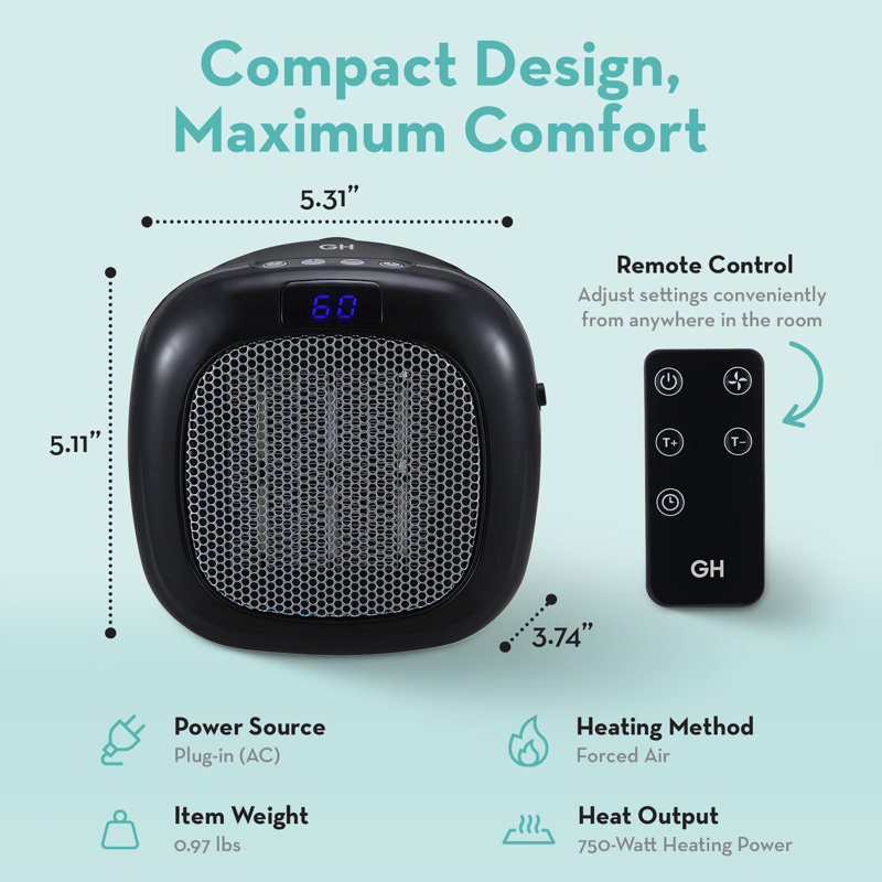 Good Housekeeping Wall-Mount Indoor Mini Space Heater w/ Thermostat, 750W, Black, Black