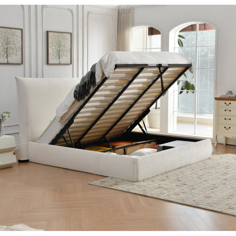 Hydraulic Lift Up Upholstered Storage Bed, White, King