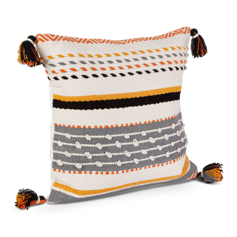 Ivory and Black Woven Cotton Square Throw Pillow with Tassels