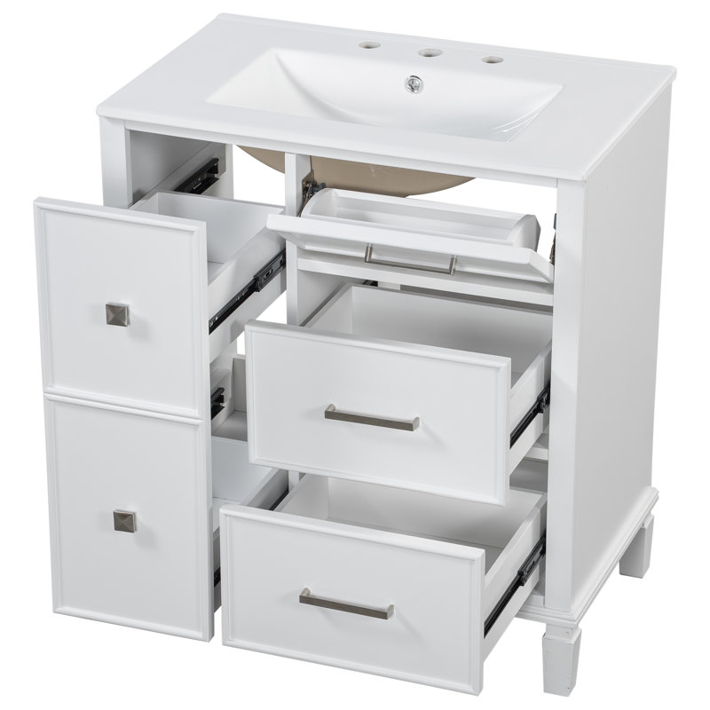 Meuble-lavabo autoportant à tiroir rabattable avec lavabo en céramique, bois massif et panneau de fibres à densité moyenne pour les salles de bain modernes