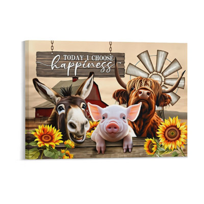 "Today I Choose Happiness" Farm Animals, Built-In Back Wood Frame,Wall Art, 36W X 24L