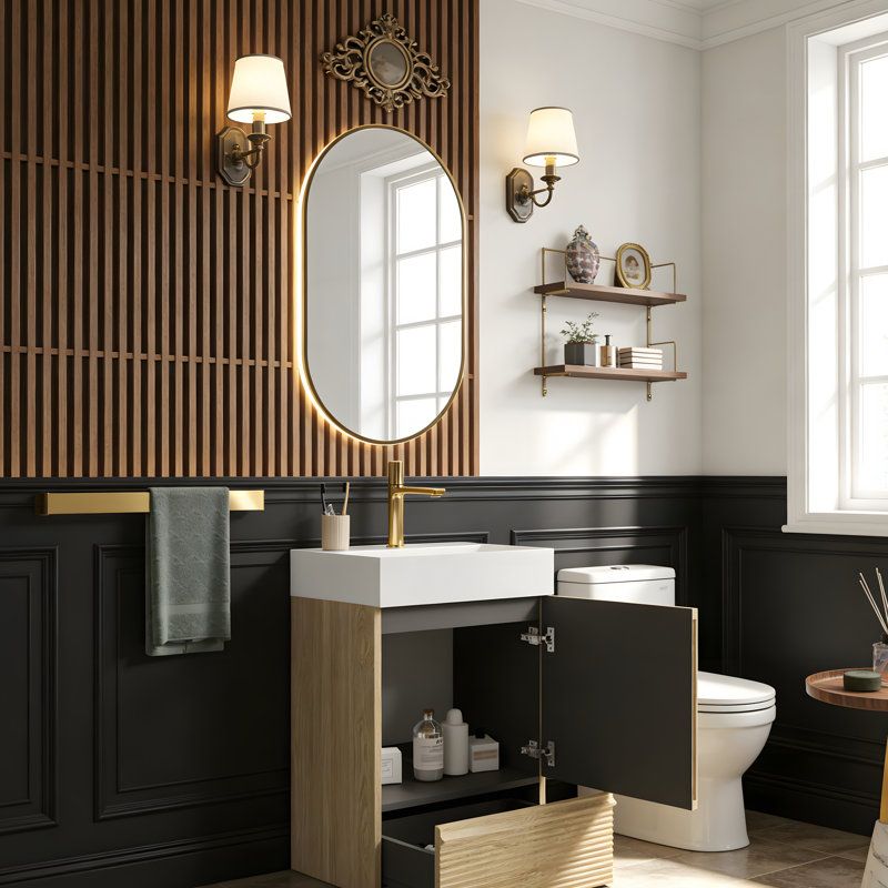 Meuble-lavabo moderne et autonome avec lavabo intégré en céramique blanche, Blanc, Chêne clair