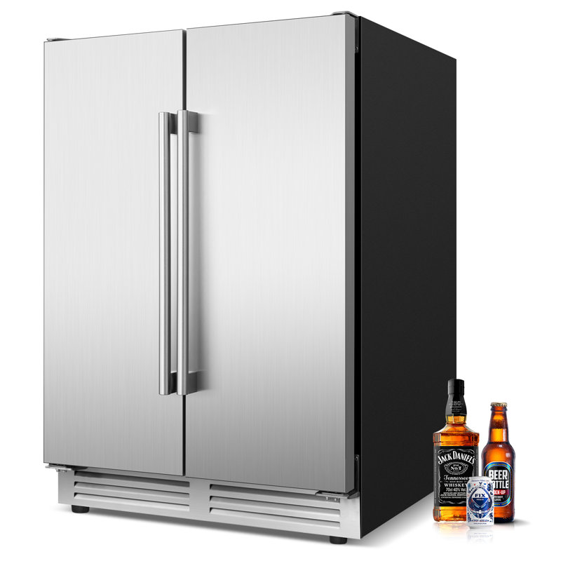 24" Silver Beverage Refrigerator with French Doors 150-Can Capacity, Built-in or Freestanding Beer and Drink Cooler