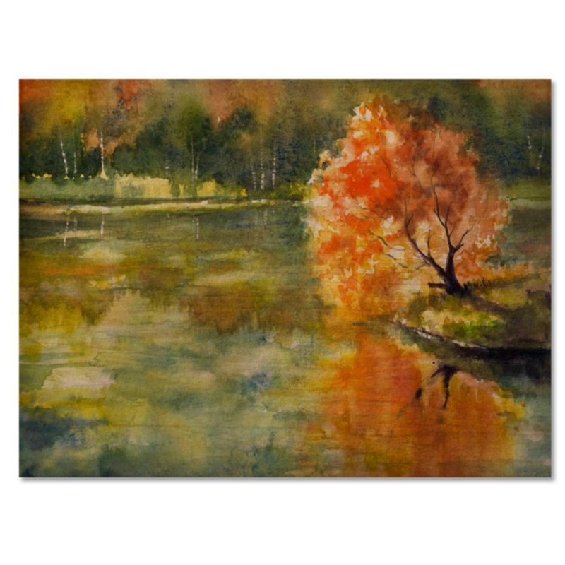 «Autumn Lake and Orange Leaves II», peinture sur toile encadrée, H 8 po x l 12 po x P 1 po, Bois de pin