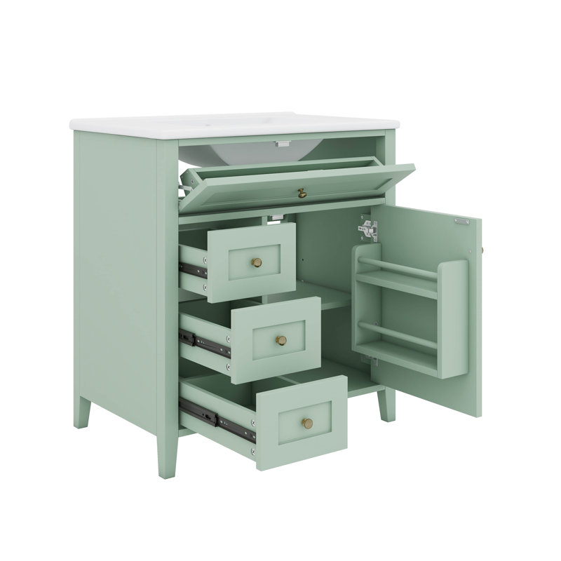 30-Inch Independent Bathroom Vanity With Sink, 3 Left-Side Drawers, Right Cabinet With Adjustable Shelves, Green