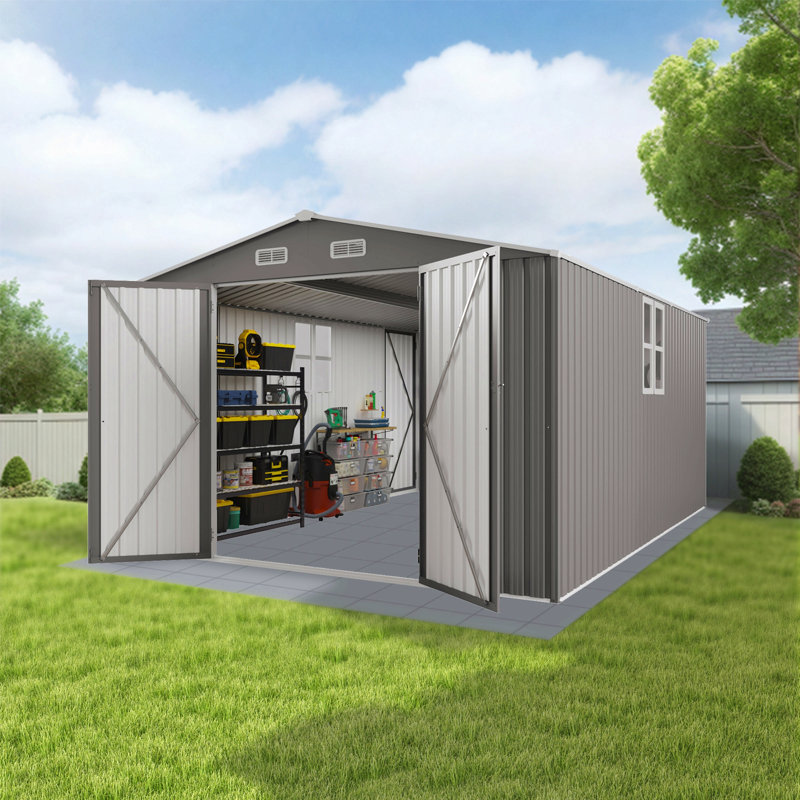 10X14 Ft Outdoor Metal Storage Shed, Durable Garden Shed With Three Lockable Doors And Clear Window For Backyard, Patio, Garden, All-Weather Shelter For Bike, Gardening Tools, Lawn Mowers, Grey