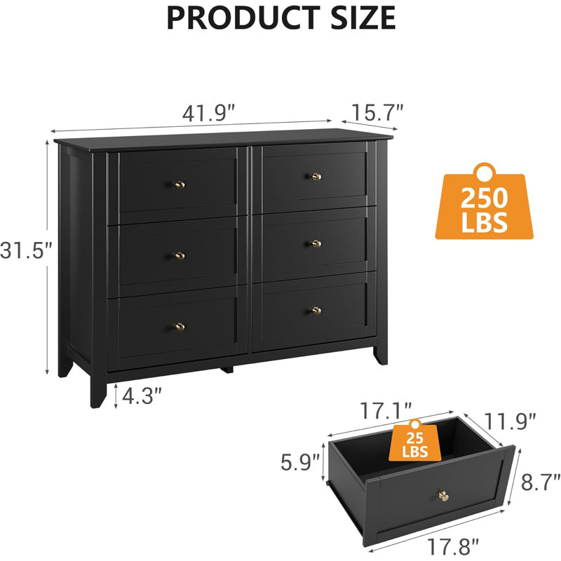 6 Chest of Drawer for Bedroom, Modern Dresser Storage Organizer with Deep Drawer & Handle, Black