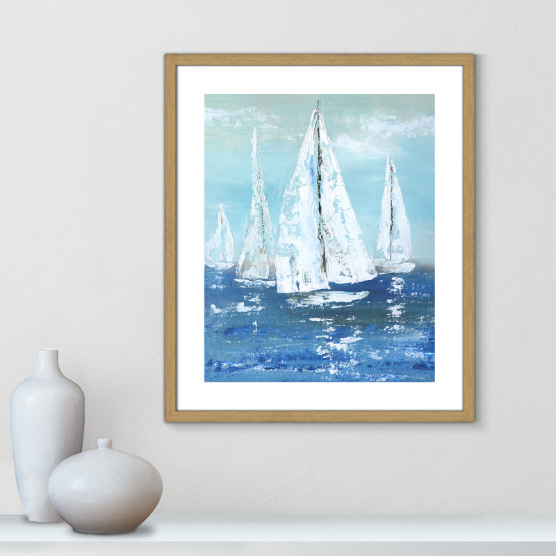 Voiles blanches - reproduction d'art, H 25,5 po x l 21,5 po x P 0,75 po, Toile avec cadre en bois beige