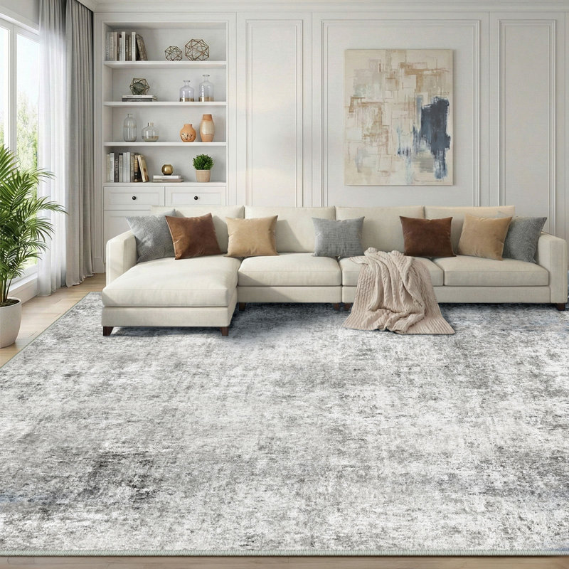 Modern Abstract Printed Area Rug Non-Slip Machine Washable Low Pile for Living Room Bedroom, Gray/White, Rectangle 6' x 9'