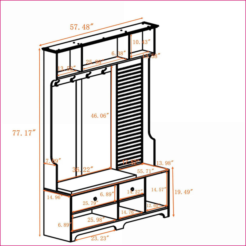 Arbre d'entrée avec portemanteau, banc de rangement et amp; Panneau perforé bricolage | Blanc | Bois aggloméré + métal, Blanc