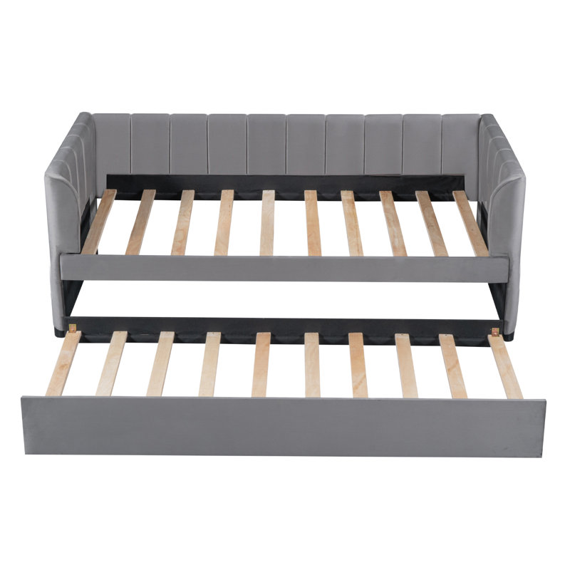 Twin Size Upholstered Daybed with Ergonomic Backrest and Trundle, Comfortable and Space-Saving, Gray