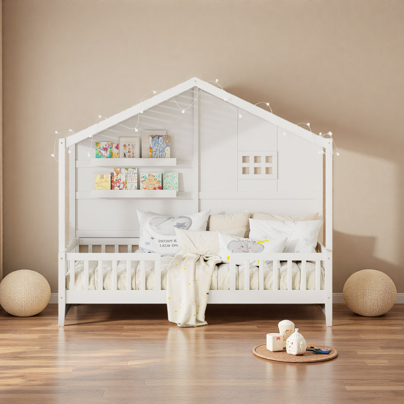 Lit simple avec tablettes, lit maison avec fenêtre et bande lumineuse étincelante sur le toit, Blanc