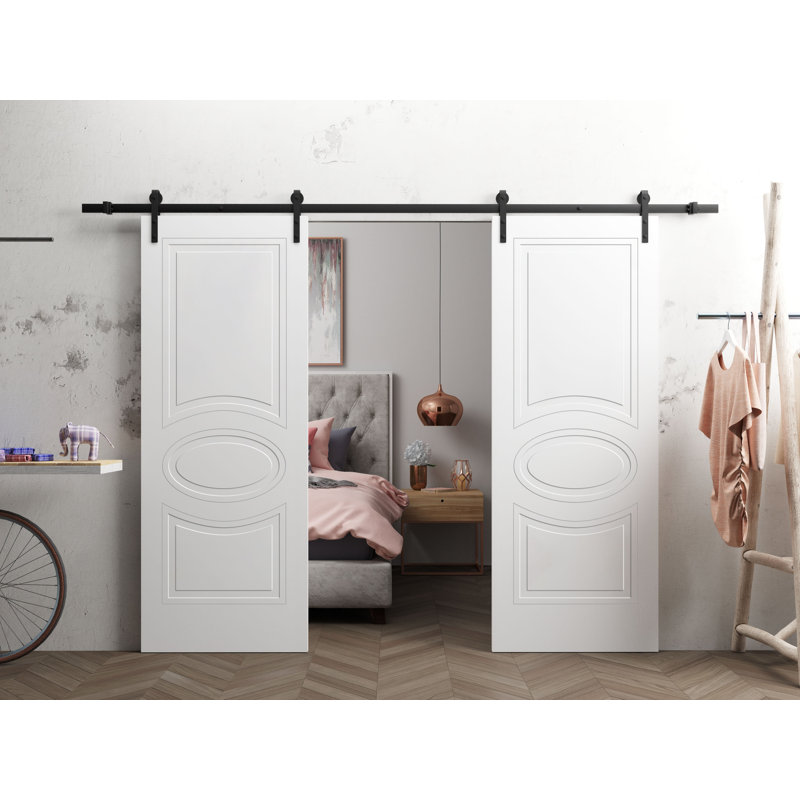 Porte de grange double moderne / ensemble de rails Mela 7001 / 13FT / portes intérieures à panneau solide, 28" x 84", Black