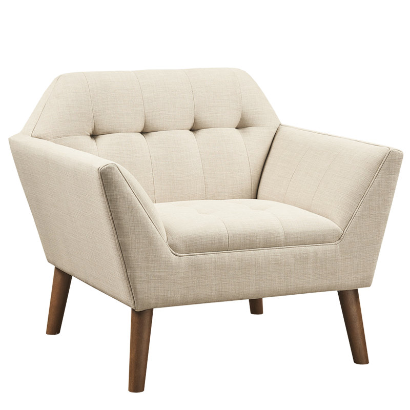 Fauteuil bouton Mid-Century, accoudoir supplémentaire, pieds en pacane massif, beige, siège de détente l 37 po x P 29,5 po, accoudoirs, matériau en bois