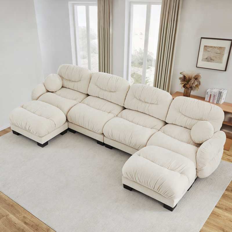 Canapé modulaire en forme de U plissé avec tissu chenille, 2 repose-pieds et mousse ergonomique 4 places, Beige
