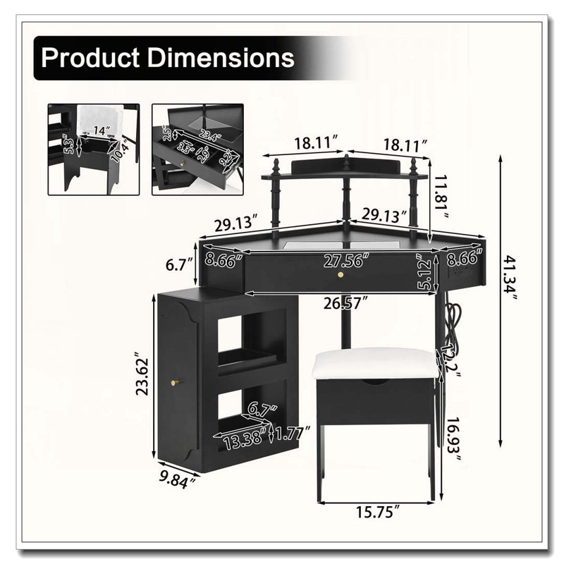 Corner Vanity Desk Set with Storage Stool and Charging Station, Black