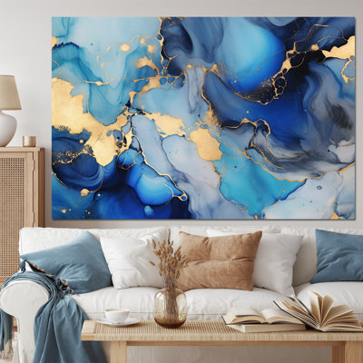 Bleu et or, art abstrait fluide de luxe II - fractales, art mural encadré