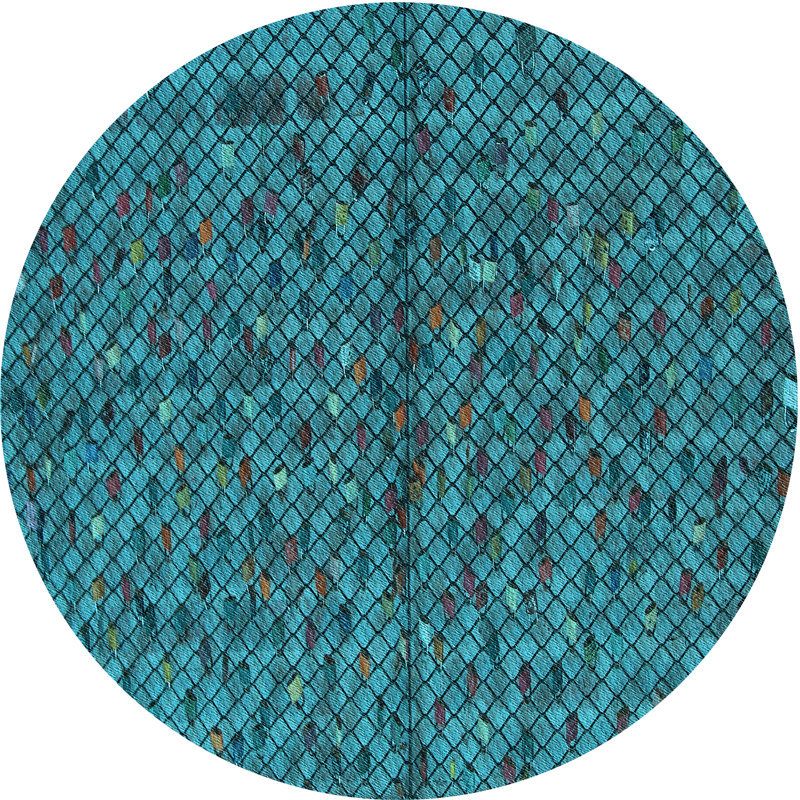 Tapis bleu sarcelle / acier à motif géométrique en laine, Rond 7 pi