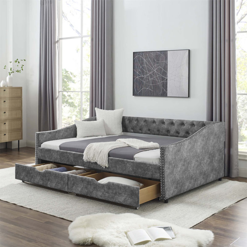 Daybed with Drawers Upholstered Tufted Sofa Bed, Soft Headboard and Monochrome Design for Versatile Home Decor, Grey