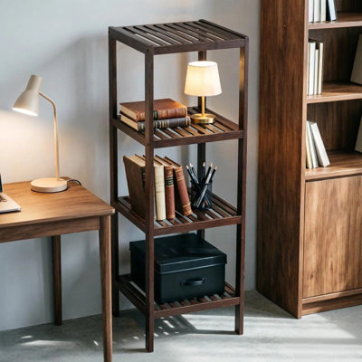 4-Tier Bamboo Shelf, Narrow Plant Stand, Slatted Towel Rack, Natural Wood, for Bathroom, Brown
