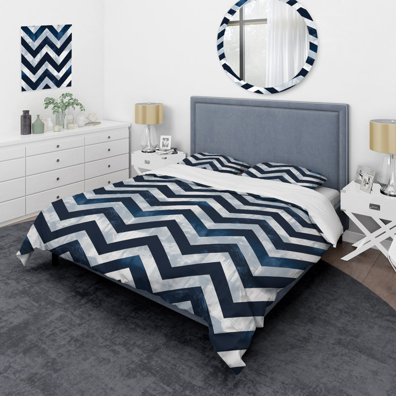 Ensemble de housse de couette transitionnelle Blue Chevron Glam II, Housse de couette simple et deux taies décorative