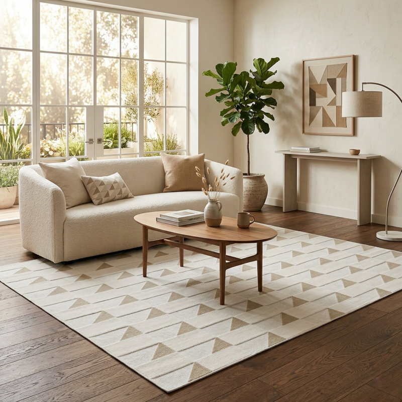 Turkish Unfaded Plaid Indoor Outdoor High-Low Pile Area Rug in Beige/Cream for Patios, Deck, Porch Or Entryway