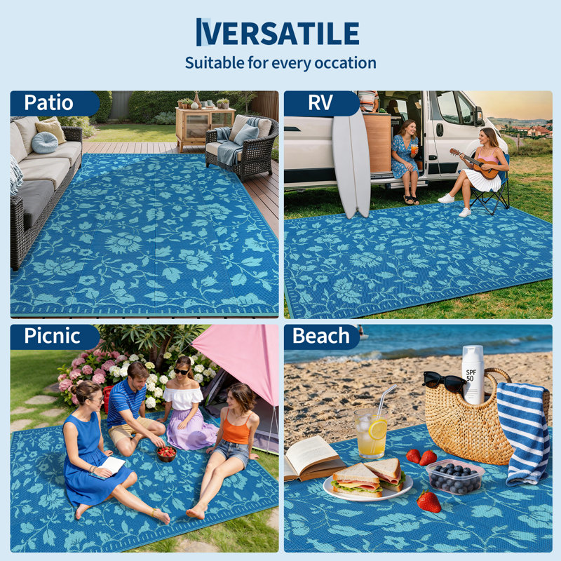 Outdoor Rug Waterproof Reversible Vintage Plastic Straw Carpet Lightweight Collapsible Patio Mat with Portable Bag UV Resistant, Ideal for Backyard, Beach, RV Deck