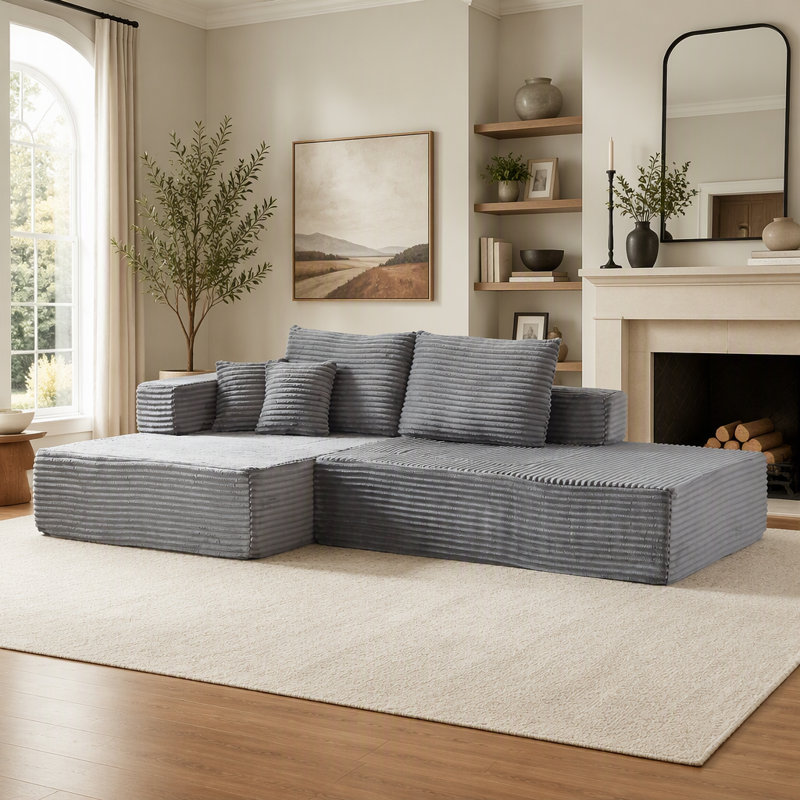 Canapé d'angle modulaire, Forme en L, Velours côtelé gris