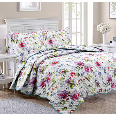  Ensemble de courtepointe réversible en microfibre mauve / rose / vert 3 pièces