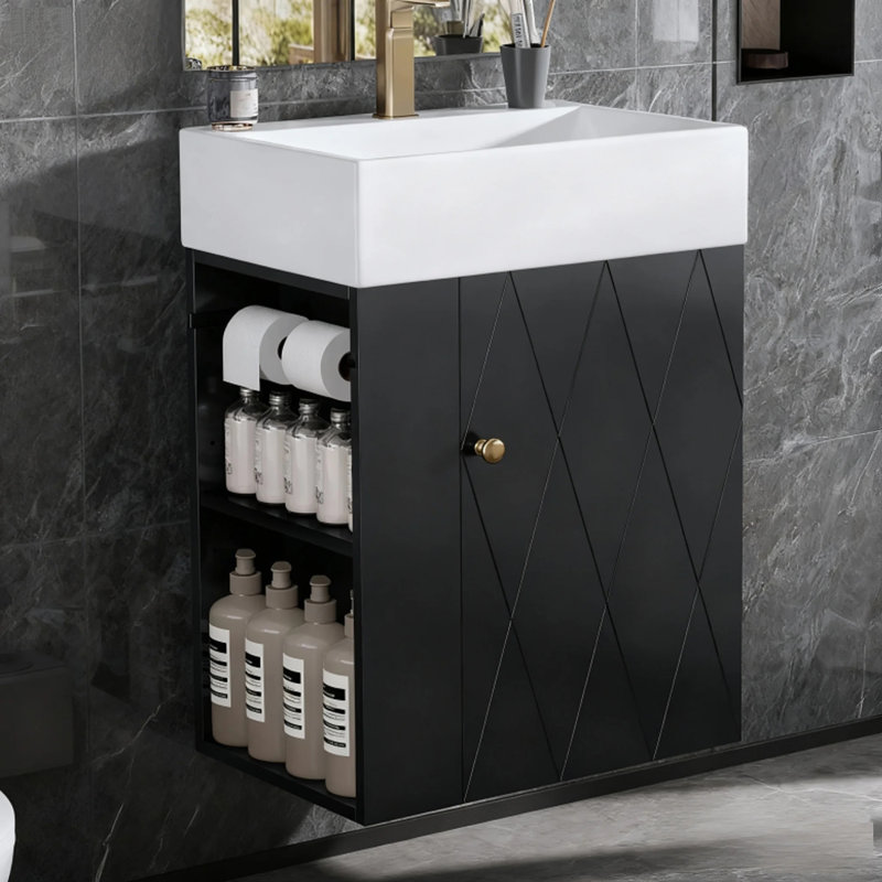 Meuble-lavabo de 20 po avec lavabo en céramique, motif de porte à motif de losanges (noir), Black