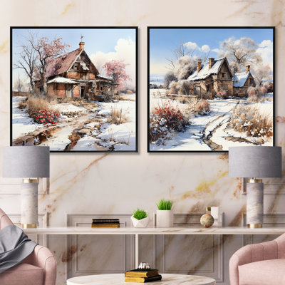 Charme de grange en hiver - Ensemble de 2 carrés de grange