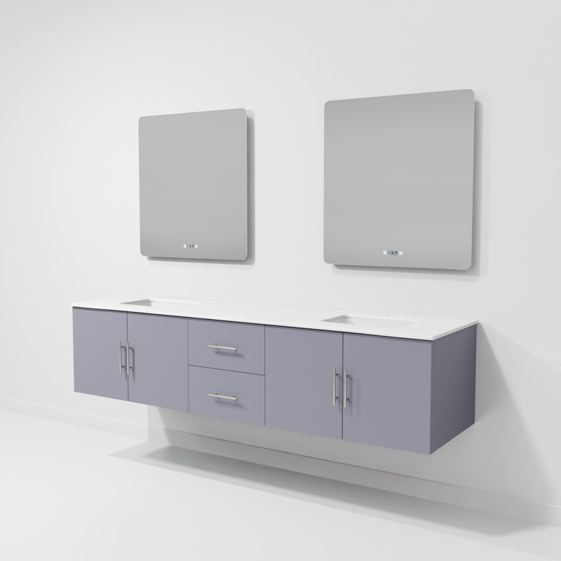 Geneva 80" Wall-Mounted Double Bathroom Vanity Set with Mirror, Dark Gray, White Quartz