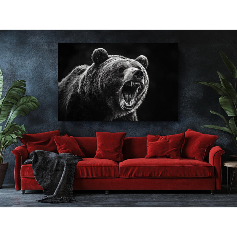 Reproduction sur toile de haute qualité en noir et blanc d'un ours rugissant - décoration murale fabriquée à la main - art élégant - cadeau - décoration murale, reproduction de peinture