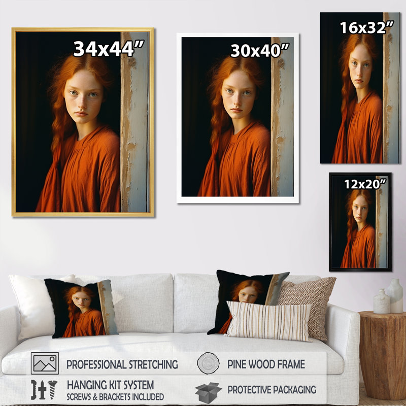 «Woman Portrait Tangerine Tales» sur toile, Cadre simple noir, H 32 po x l 24 po x P 1 po