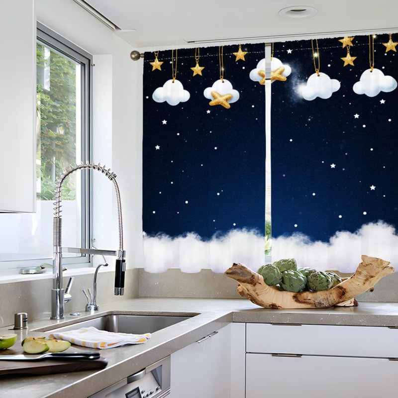 2PCS Dreamy Cloud Starry Sky Pattern Light Filtering Curtains, Cute Hanging Stars and Clouds Decor, Easy Hang Rod Pocket Design, All-Season for Teens Bedroom Dormitory Living Room Decoration