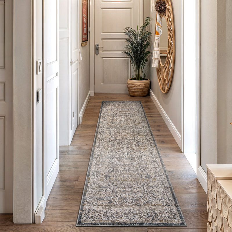 Tapis d'intérieur gris foncé Vintage Border, Tapis de couloir 2 pi 3 po x 12 pi