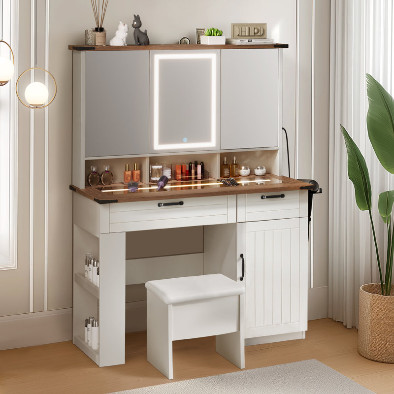 42.54'' Vanity Desk With Led Lights, Drawers And Outlets