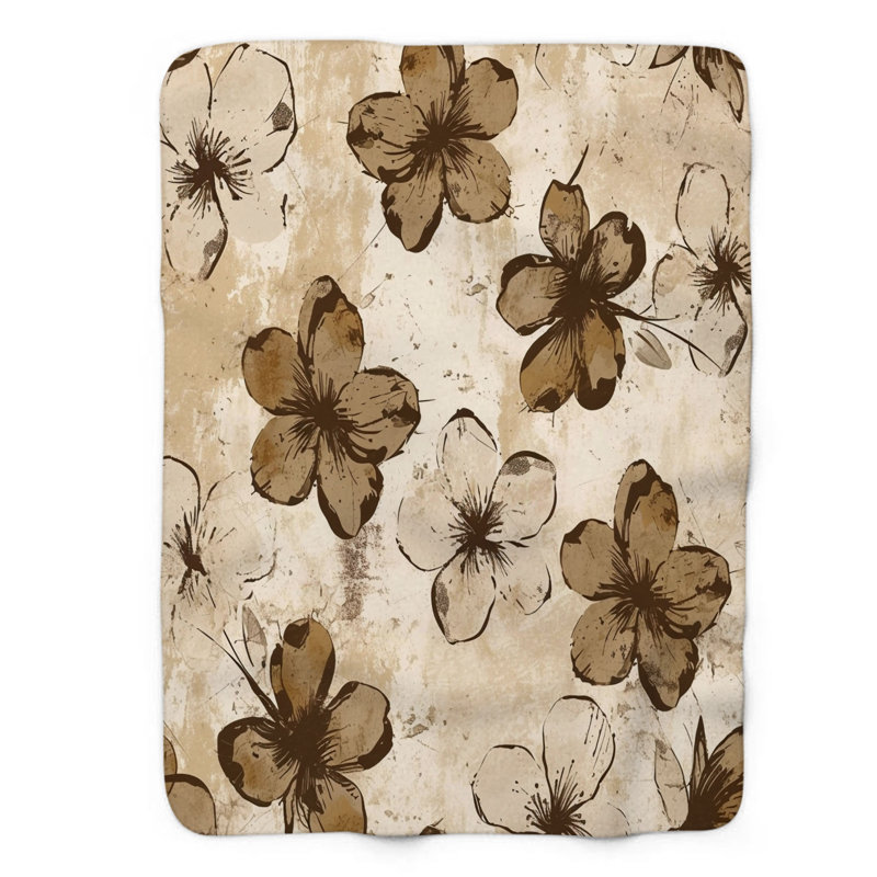 Couverture florale beige en mélange grunge - 1 pièce Sherpa Premium, Lit simple