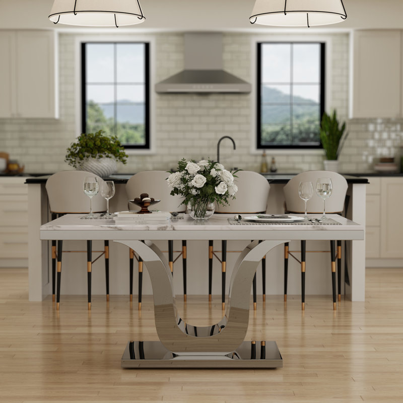 Luxury 64 Inch Faux Marble Dining Room Table With Mirrored U Shaped Base In White Silver, Silver