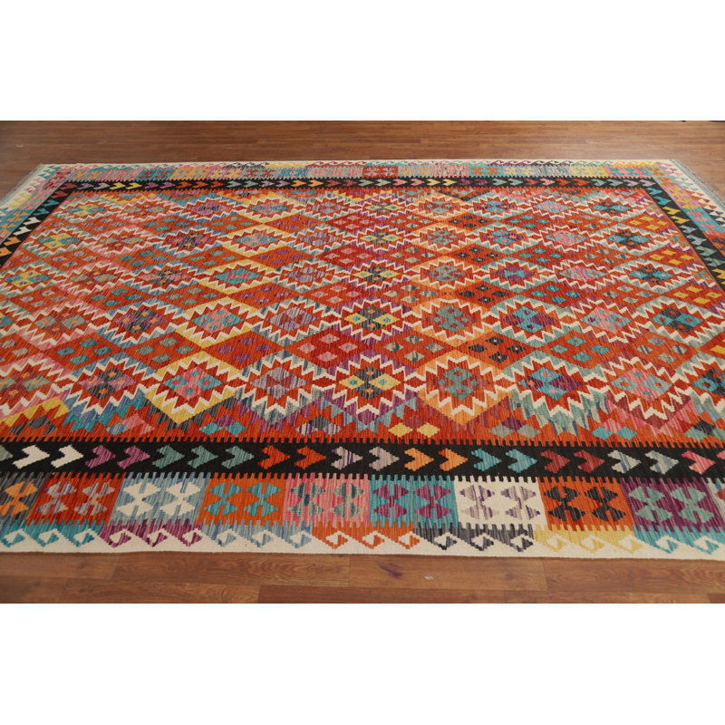 Tapis kilim en laine à tissage plat orange 8 x 12
