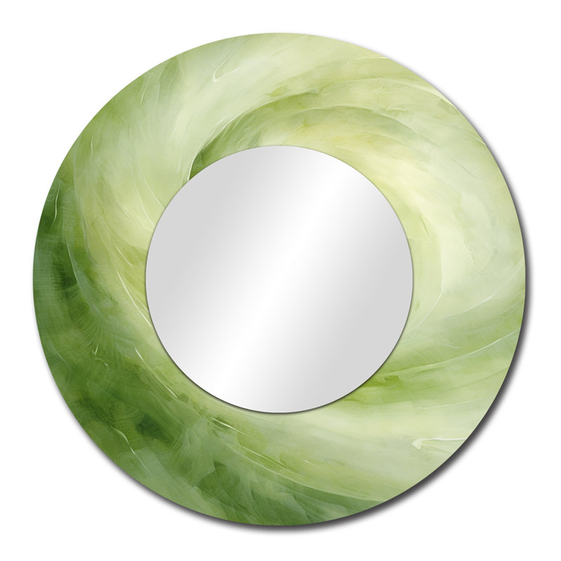 «Green Serene Spiral Dreams» - miroir décoratif à spirales abstraites, grand miroir mural rond vert, impression sur métal