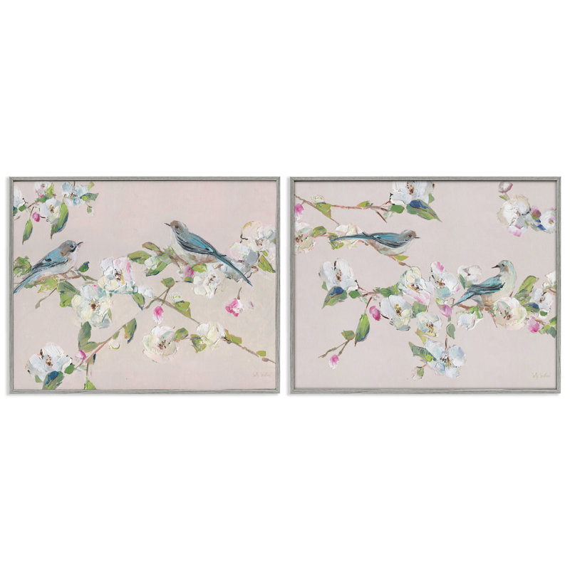 «Expressive Flower View with Birds», ensemble de 2 impressions giclées encadrées, design par Sally Swatland