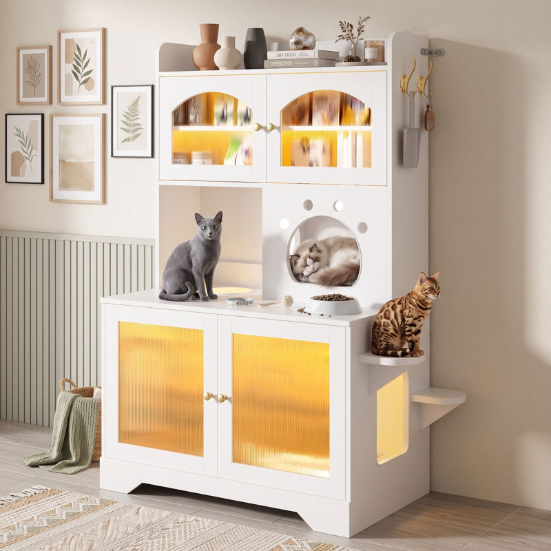 Maison de chat moderne à 3 niveaux avec armoire de rangement, bac à litière caché et portes en acrylique éclairées à DEL