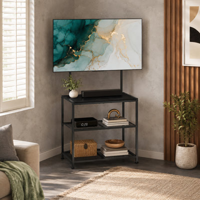 Farmhouse Black Small Corner TV Table Desk Shelf with Mount and Storage Shelves, Fits 23 to 50 Inch Screens, Universal Floor Television Stand for Small Spaces in Living Room or Bedroom