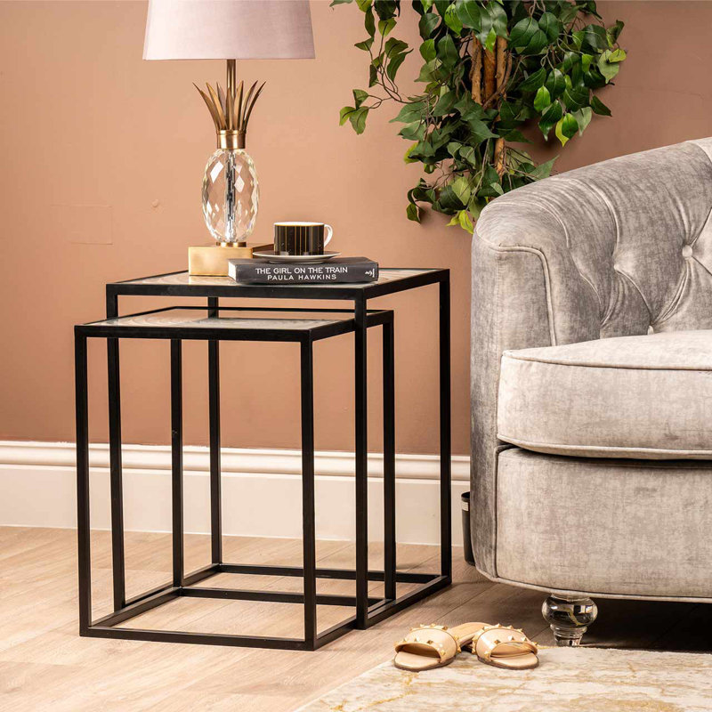 Ambor 55cm Glass Top Nesting Side Table for Living Room, Nest of Sofa Table with Metal Frame