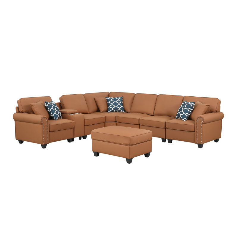 Canapé modulaire en cuir artificiel avec repose-pieds et console Gina Gina, Similicuir brun